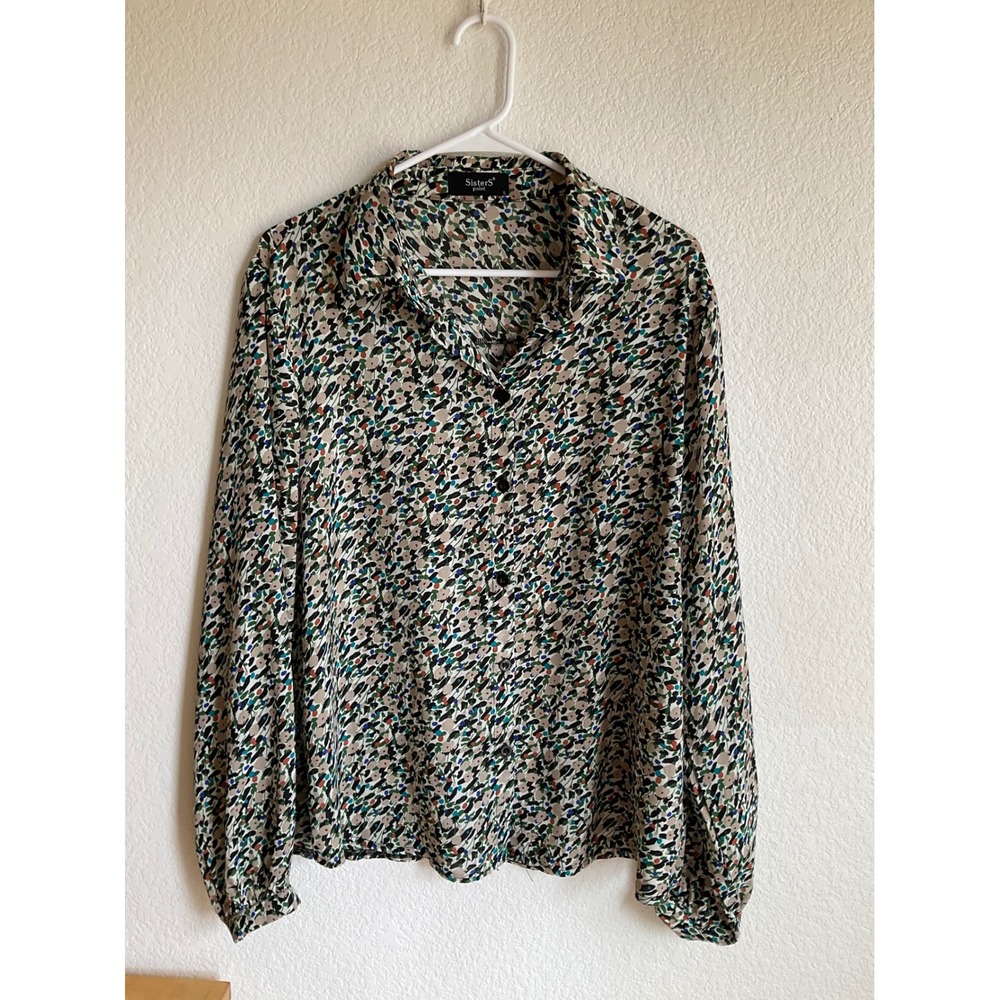Sisters Point  XL Abstract Floral Button Down‎ Blouse Long Sleeve Green Blue